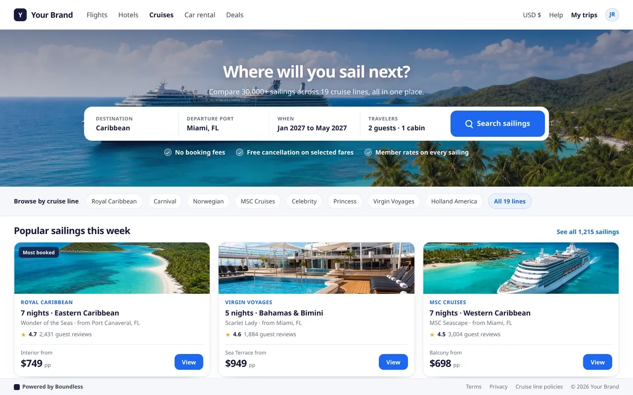 White-label cruise storefront home page with search, desktop view