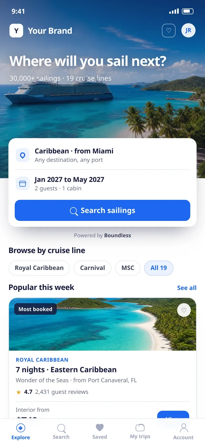 White-label cruise storefront home page with search, mobile view