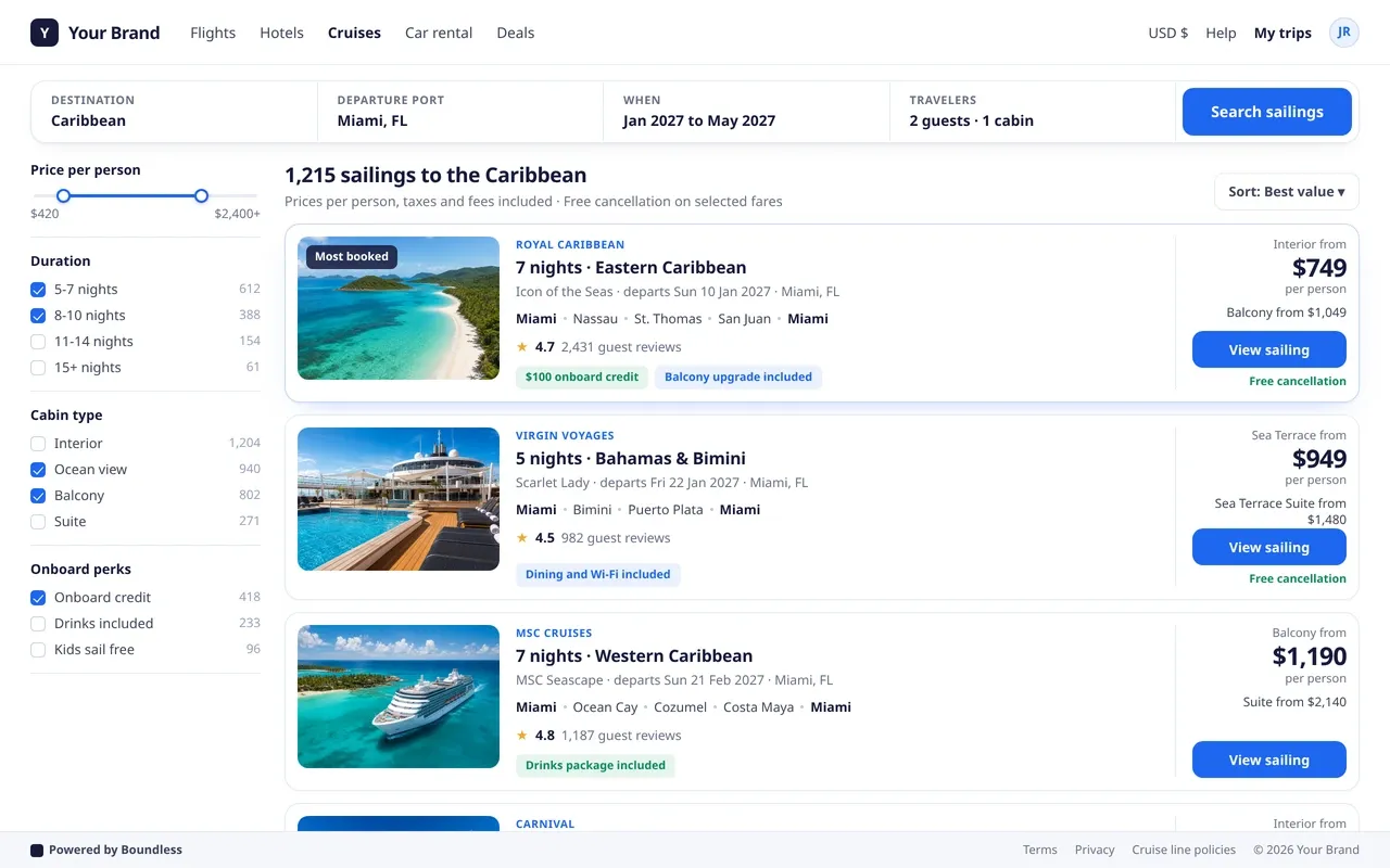 White-label cruise search results page, desktop view