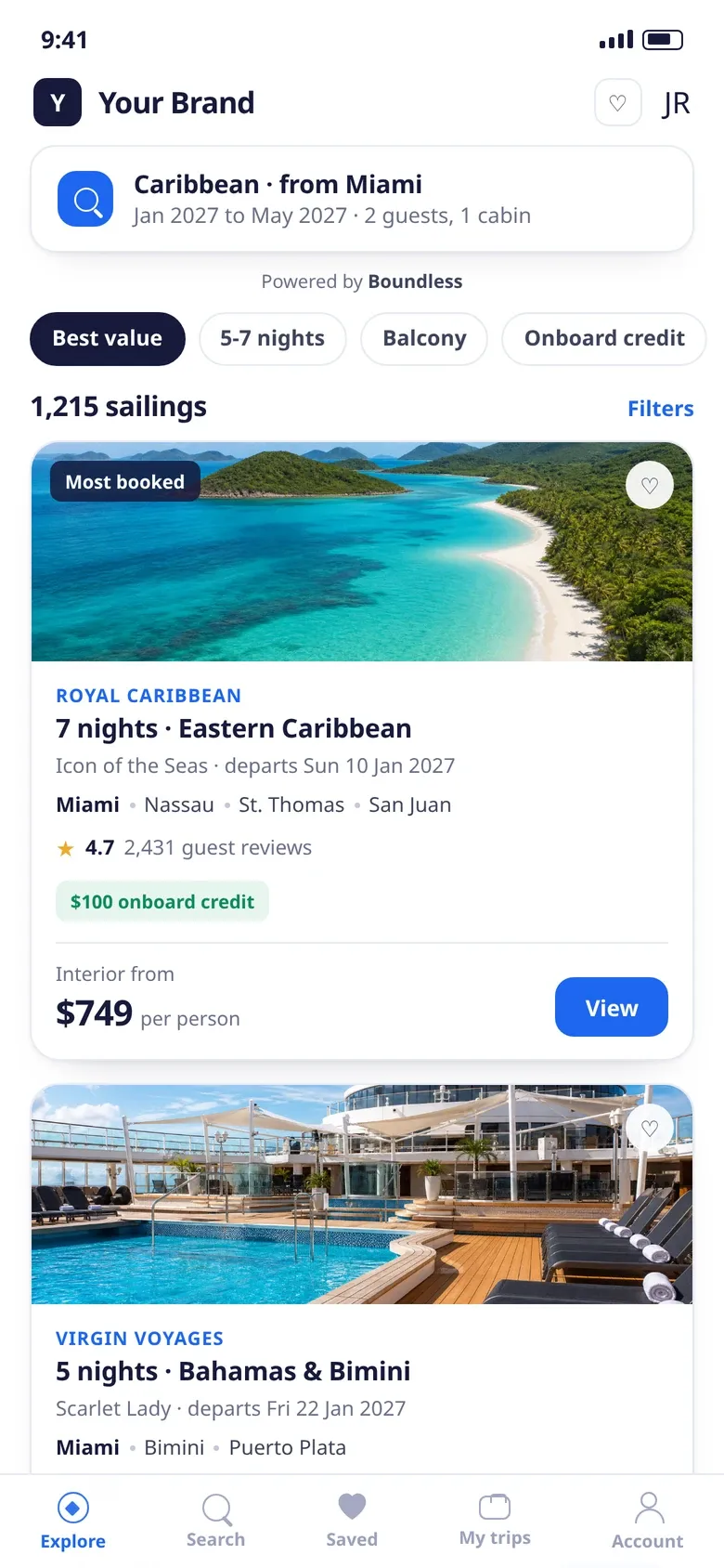 White-label cruise search results page, mobile view